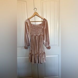 Smocked Velvet Midi Dress in Blush
